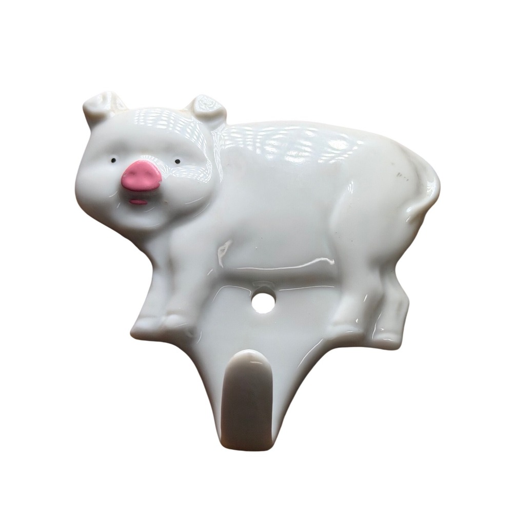 Vintage Takahashi San Francisco Ceramic Pig Wall Hook White Pink Farmhouse Japan